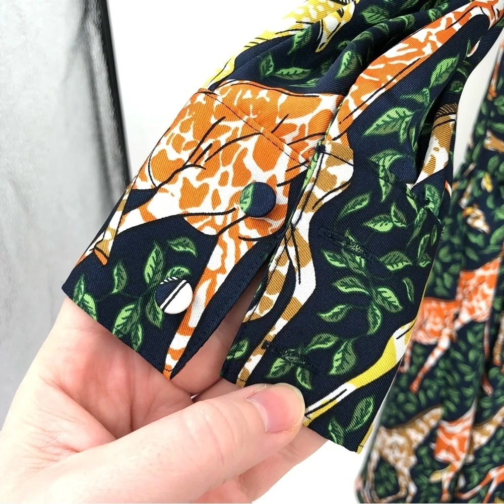 J.CREW Shirtdress in Giraffes Novelty Print Dress Long Sleeve S Navy Saffron